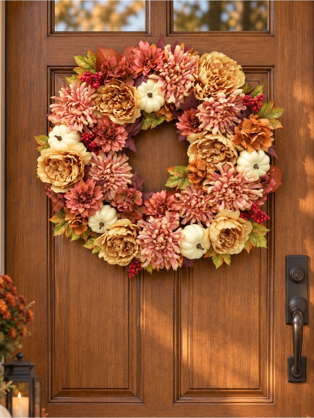 Autumn Pumpkin & Floral Wreath - Fall Door Decor in Orange, Cream & Brown